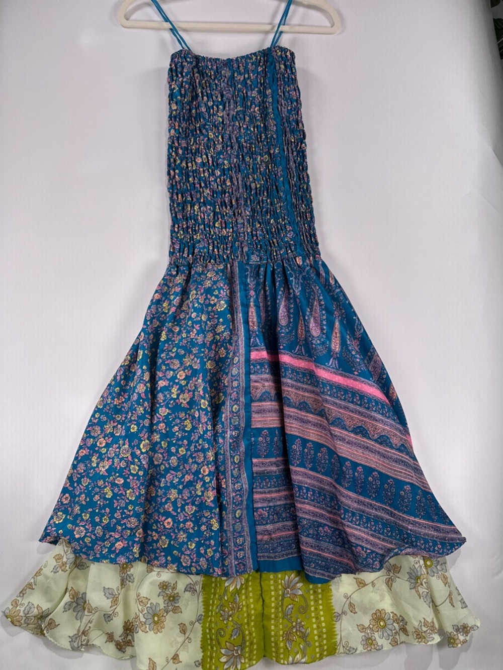 Fairycore Boho Smocked Tiered Maxi Dress Mixed Floral Silk Teal OS - Picture 4 of 12